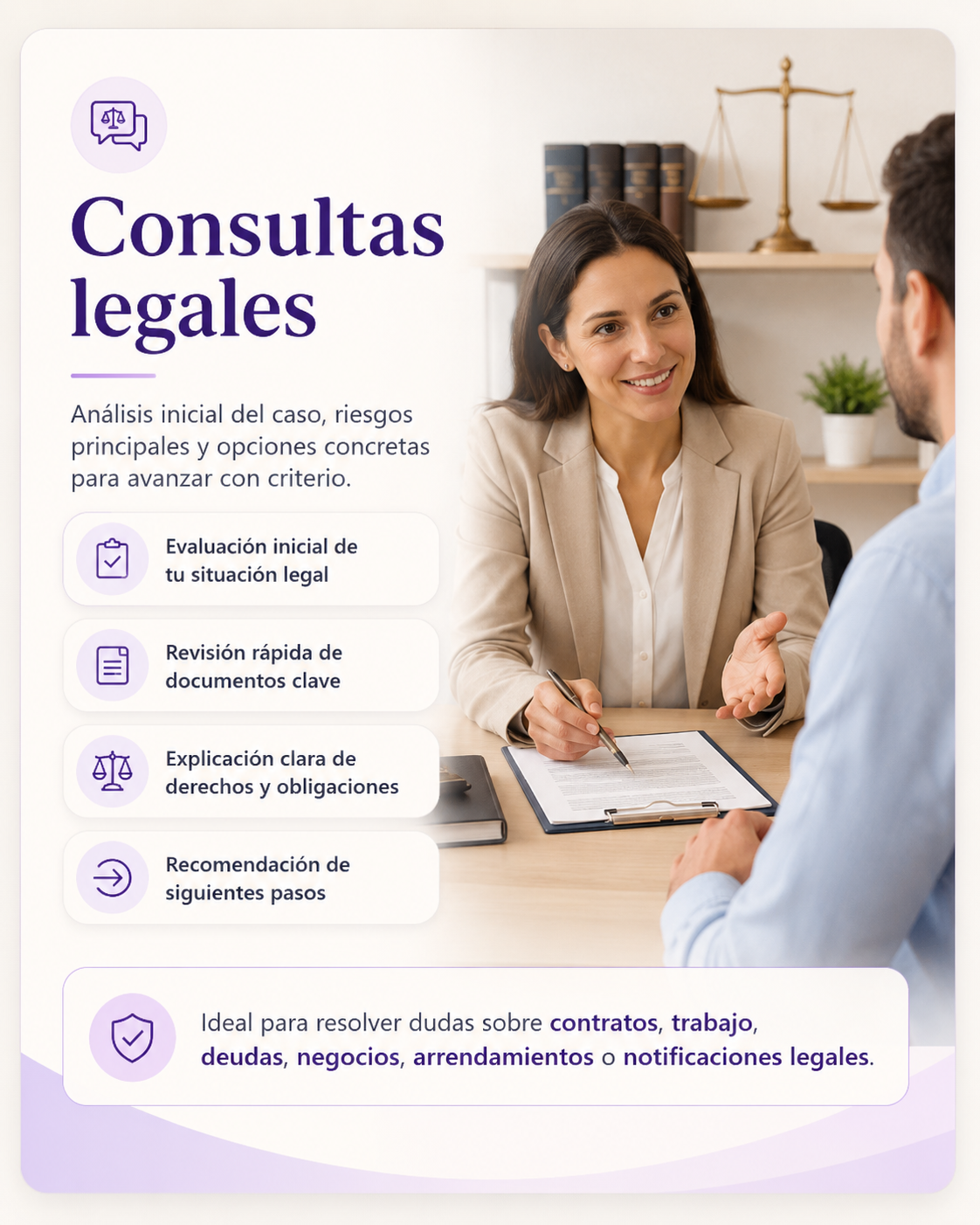 Consultas legales: evaluacion inicial, revision de documentos, derechos, obligaciones y siguientes pasos