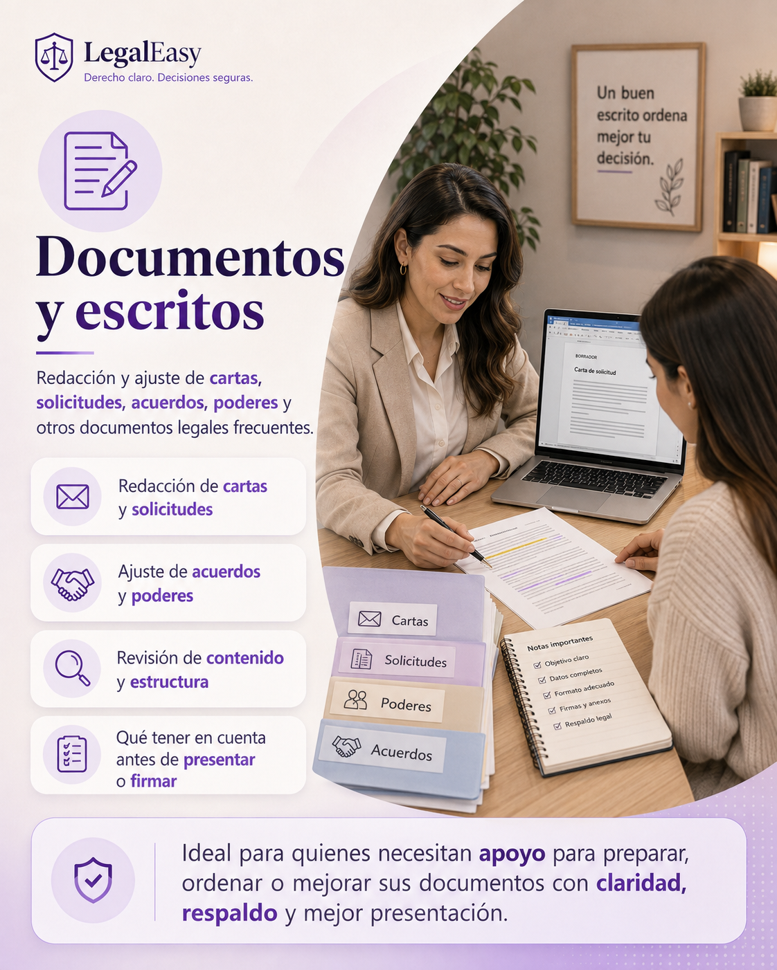Documentos y escritos: cartas, solicitudes, acuerdos, poderes y revision de contenido legal