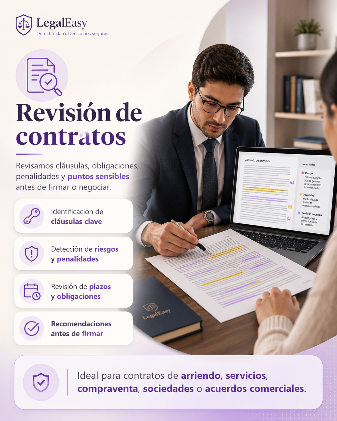 Revision de contratos: clausulas clave, riesgos, penalidades, plazos y recomendaciones antes de firmar